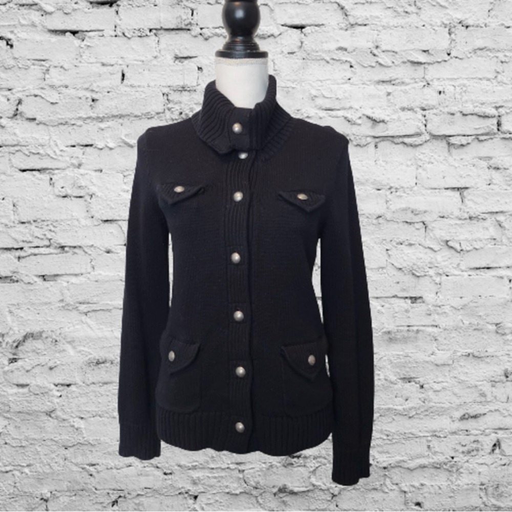 Lauren Ralph Lauren Button Up Sweater with Pockets and Mock Turtleneck Black Med